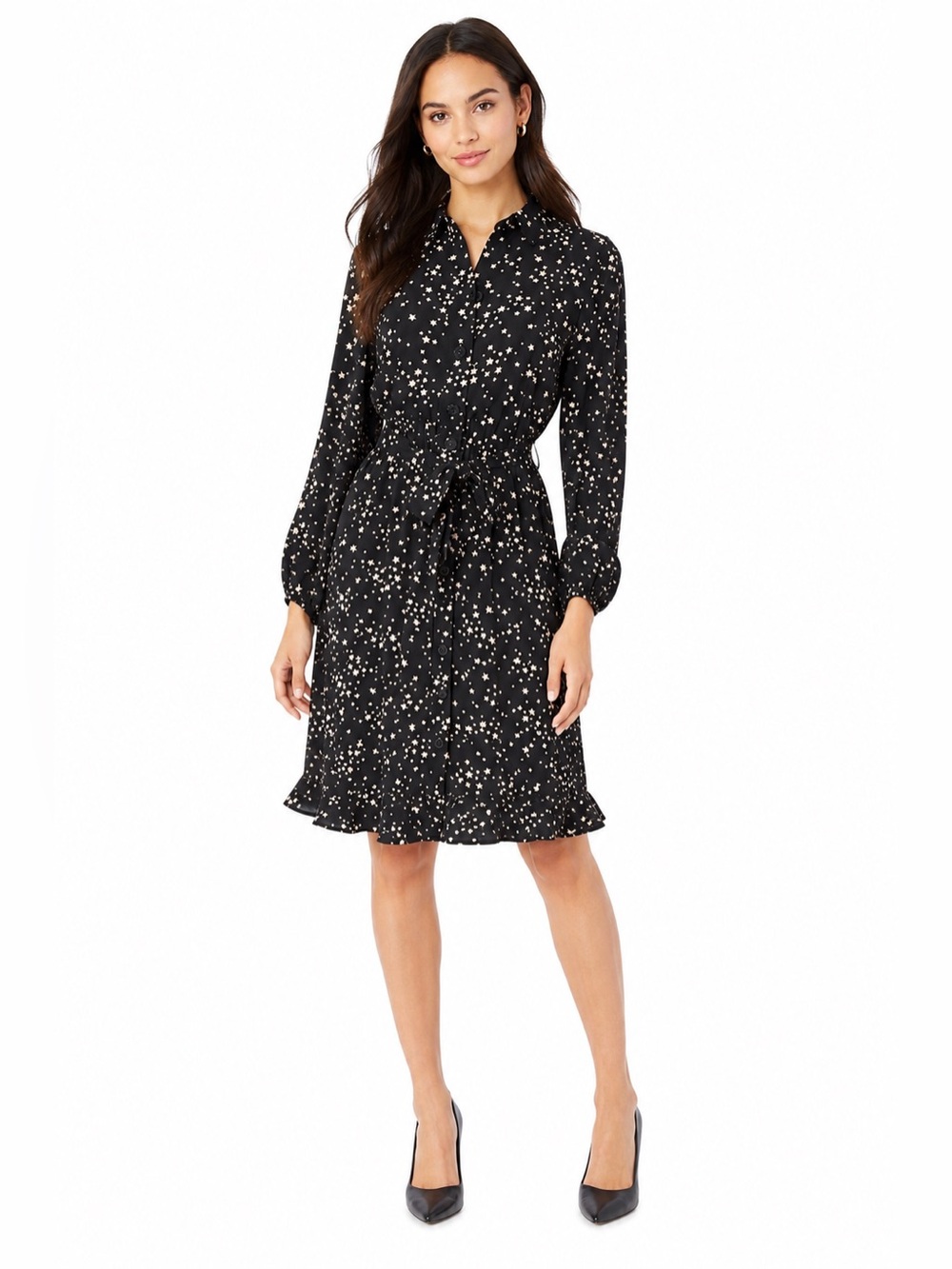 Kate Spade New York Star Print Shirt Dress Black Pink Tie Waist Ruffle Hem NWT 6